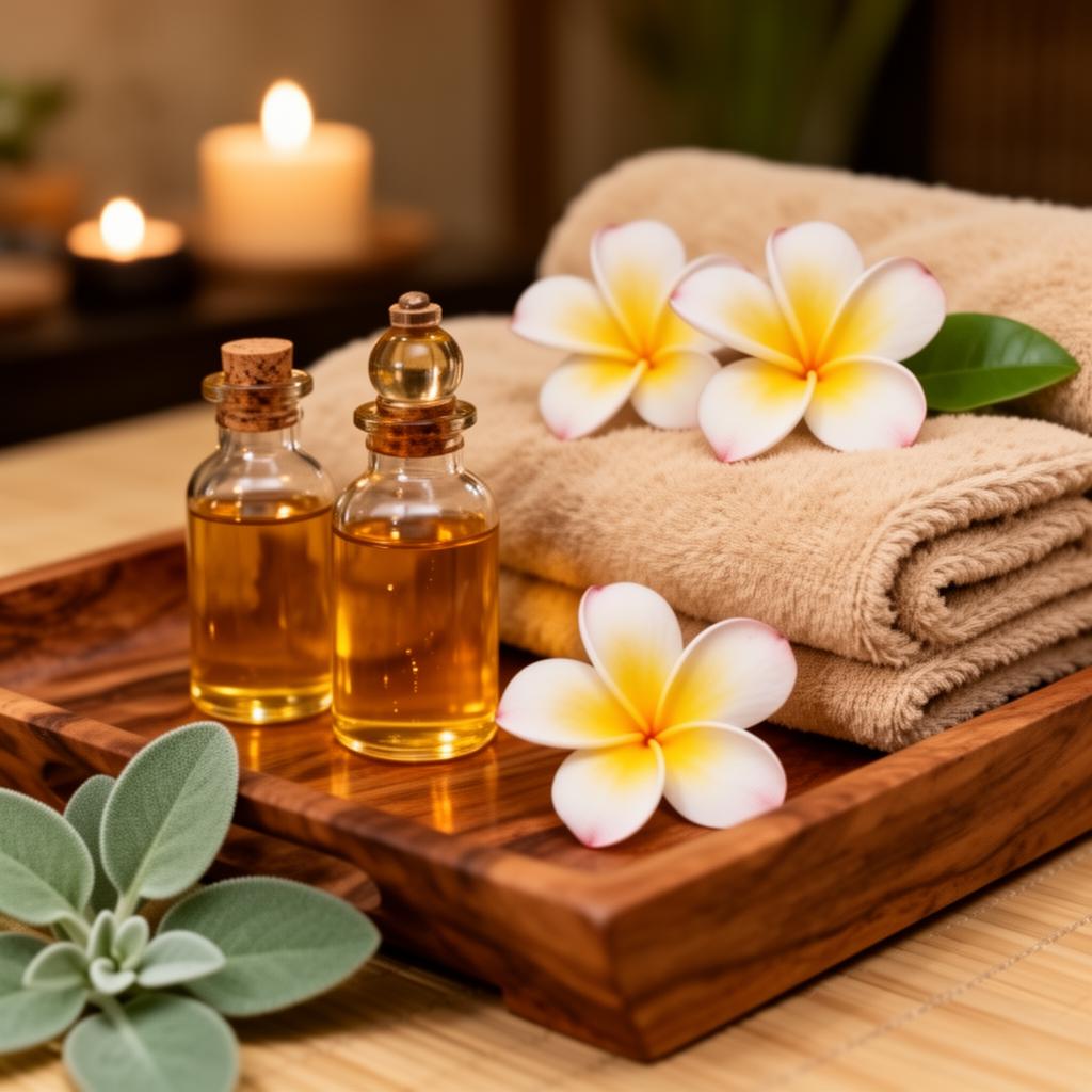Massageöle, Blüten und Handtücher in warmer Spa-Atmosphäre